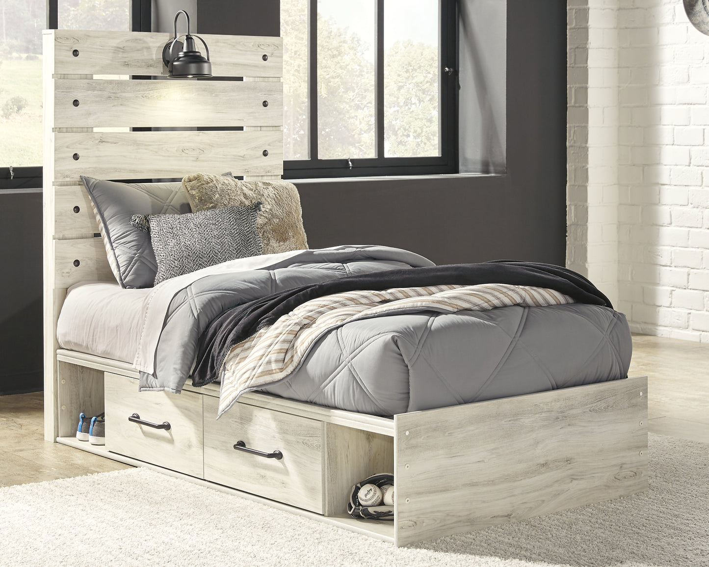 Cambeck Panel Bed With 4 Storage Drawers With Mirrored Dresser And Chest