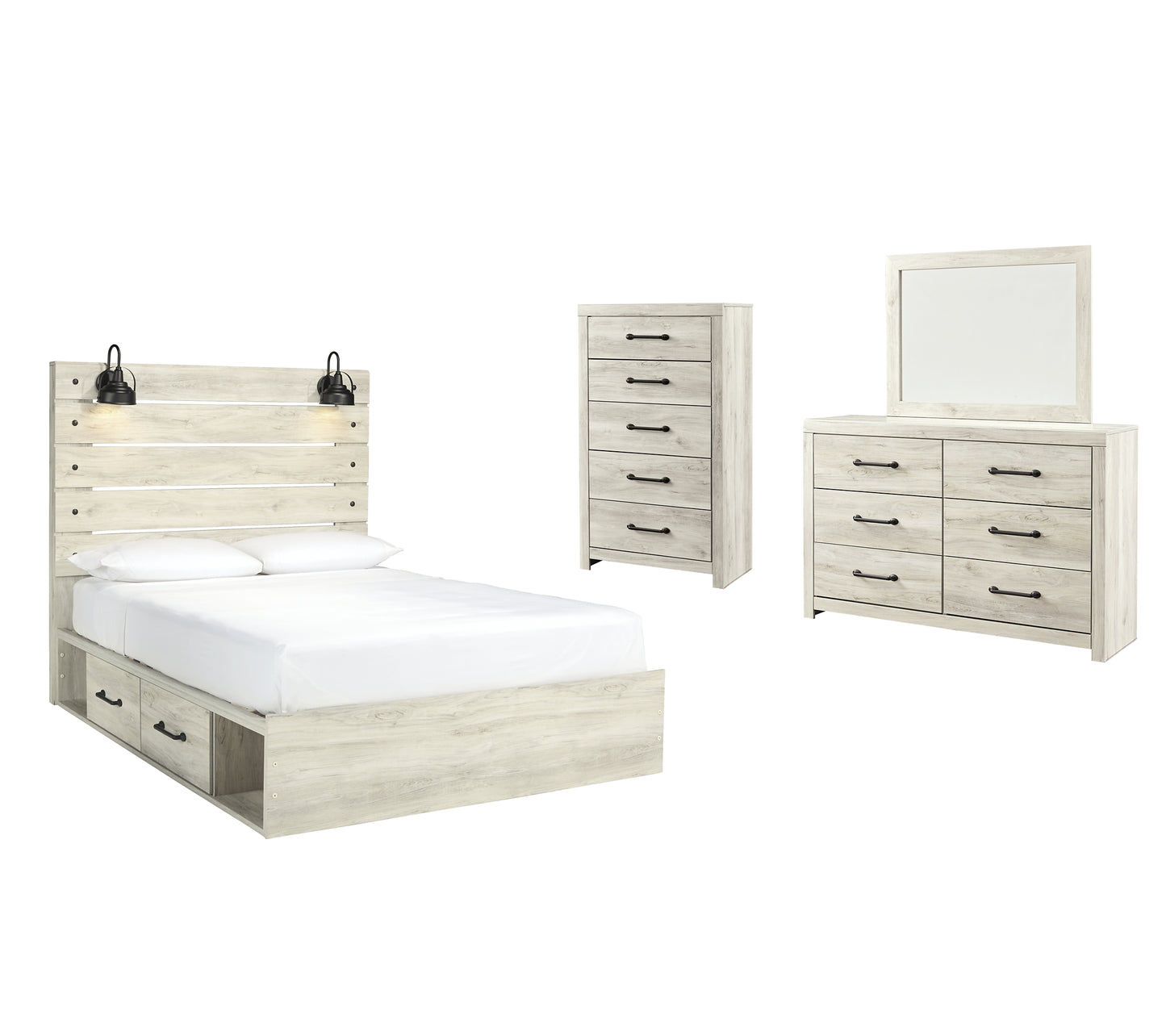 Cambeck Panel Bed With 4 Storage Drawers With Mirrored Dresser And Chest