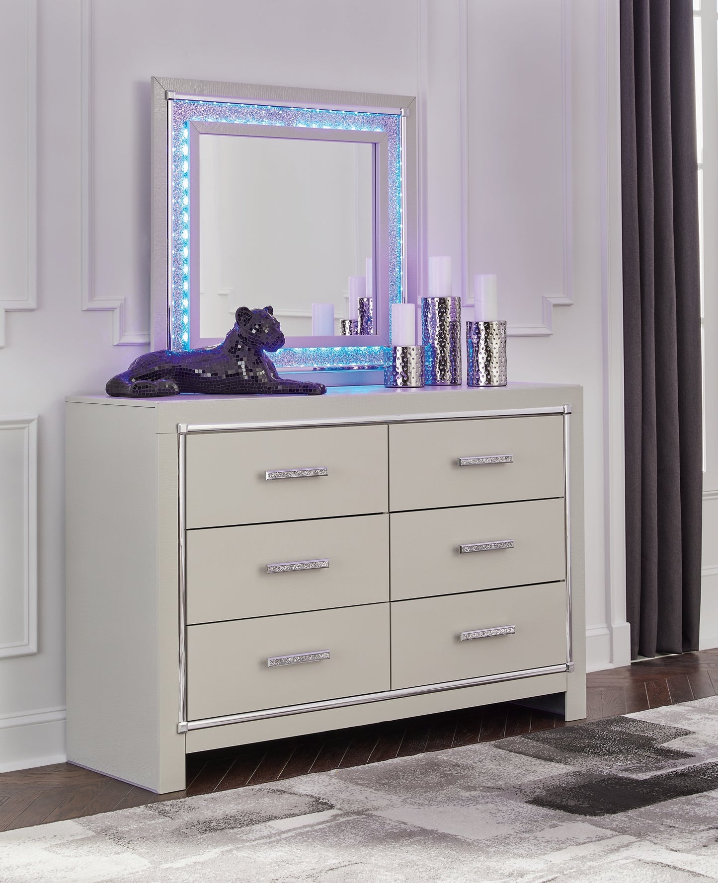 Zyniden Full Upholstered Panel Bed with Mirrored Dresser and Chest