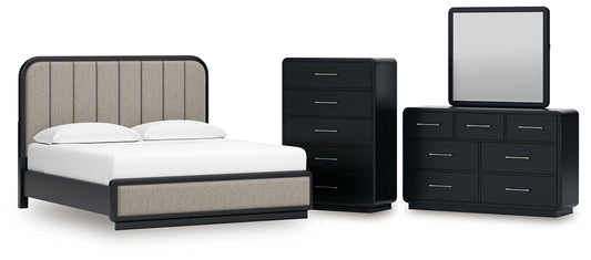 Rowanbeck King Upholstered Panel Bed with Mirrored Dresser and Chest