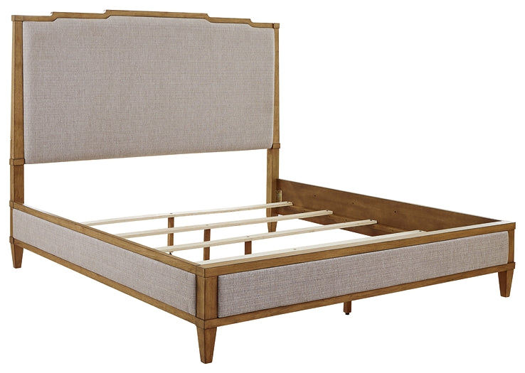 Sharlance California King Upholstered Panel Bed with Mirrored Dresser and Chest