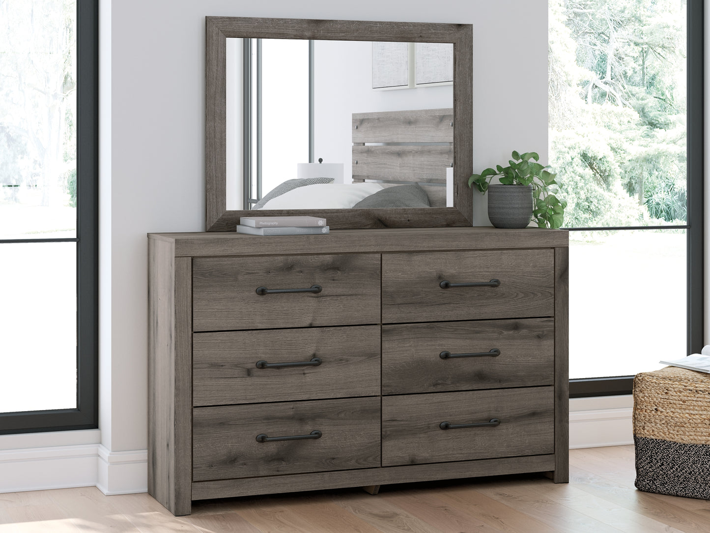 Graystorm Full Panel Bed with Mirrored Dresser and Chest
