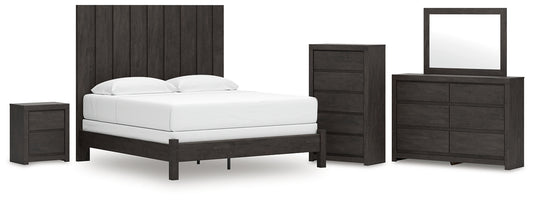 King Panel Bed with Mirrored Dresser, Chest and Nightstand