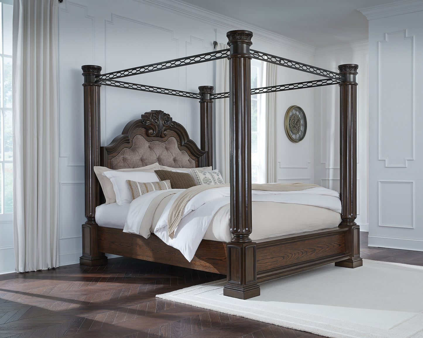 Maylee King Canopy Bed with Mirrored Dresser and Chest