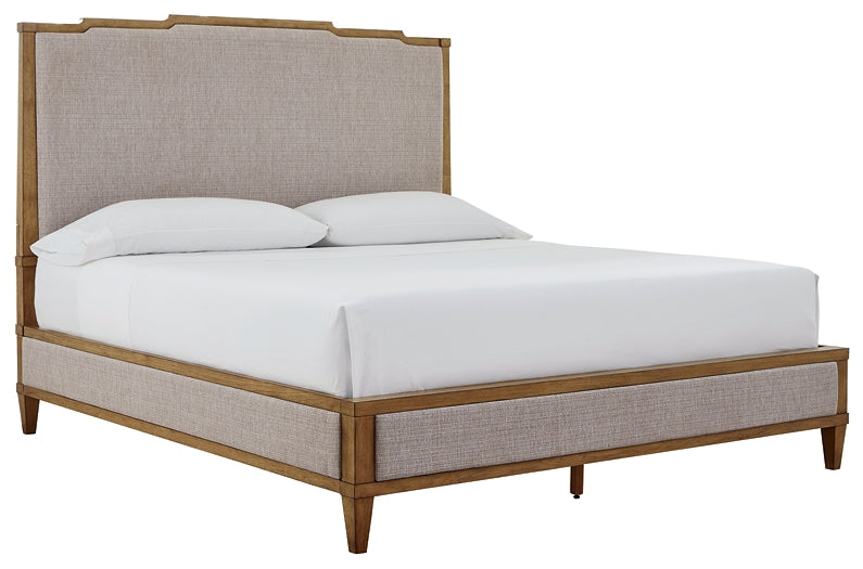 Sharlance King Upholstered Panel Bed with Mirrored Dresser, Chest and Nightstand