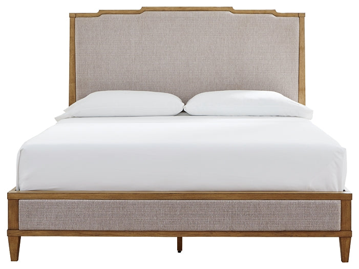 Sharlance King Upholstered Panel Bed with Mirrored Dresser, Chest and Nightstand