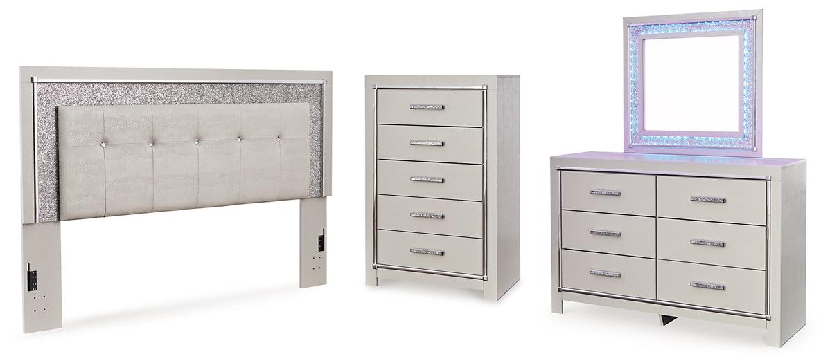 Zyniden King Upholstered Panel Headboard with Mirrored Dresser and Chest