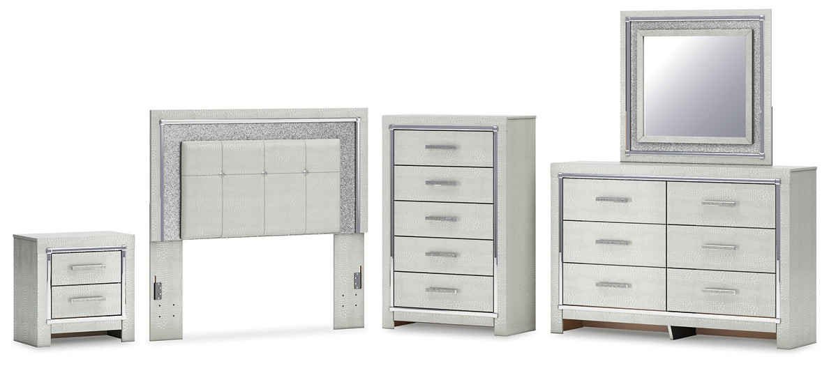 Zyniden Full Upholstered Panel Headboard with Mirrored Dresser, Chest and Nightstand