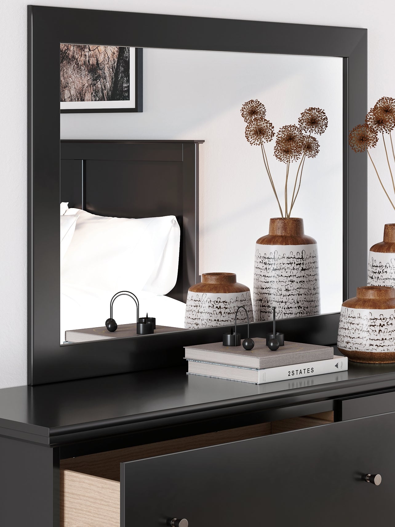 Queen Panel Bed with Mirrored Dresser and Nightstand