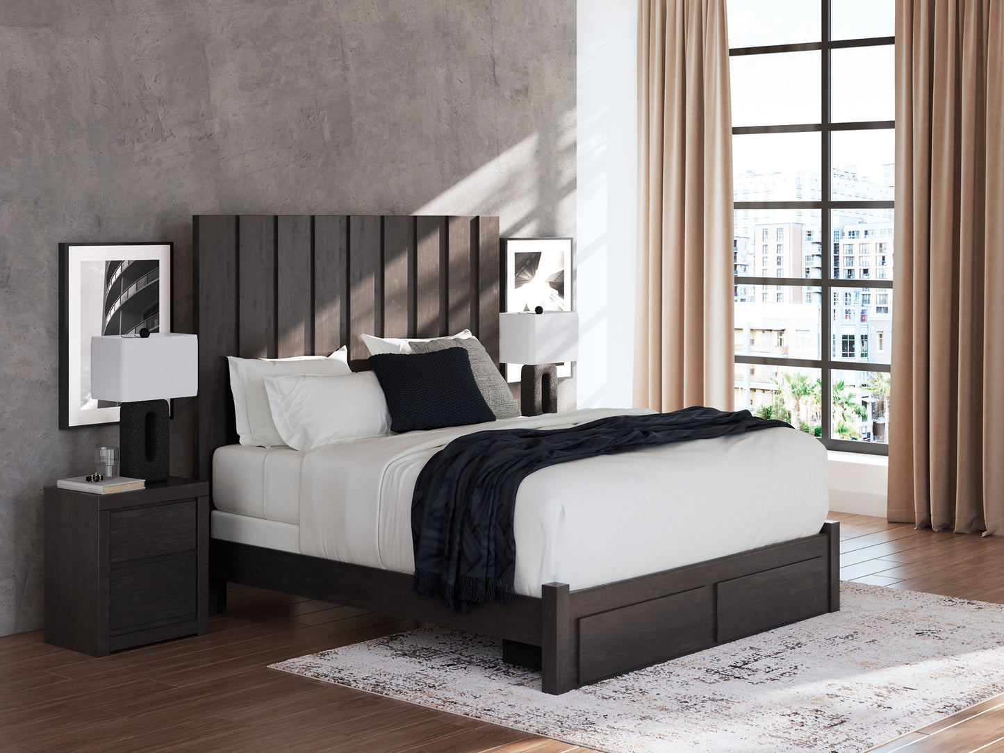 King Panel Storage Bed with Mirrored Dresser, Chest and Nightstand