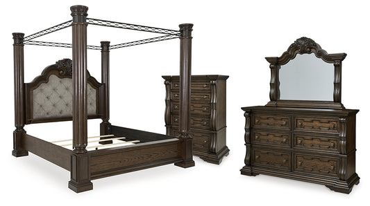 Maylee King Canopy Bed with Mirrored Dresser and Chest
