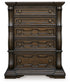 Maylee Queen Upholstered Bed with Mirrored Dresser and Chest